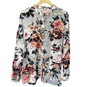 Tribal Womens Floral Velvet Burnout Button Up Top Size L Whimsigoth Fairy Boho